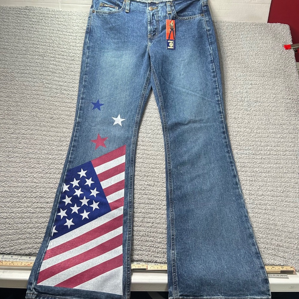 Vintage NWT l.e.i. American Flag Flare raw waist jeans Y2K Deadstock Sz 13 hips